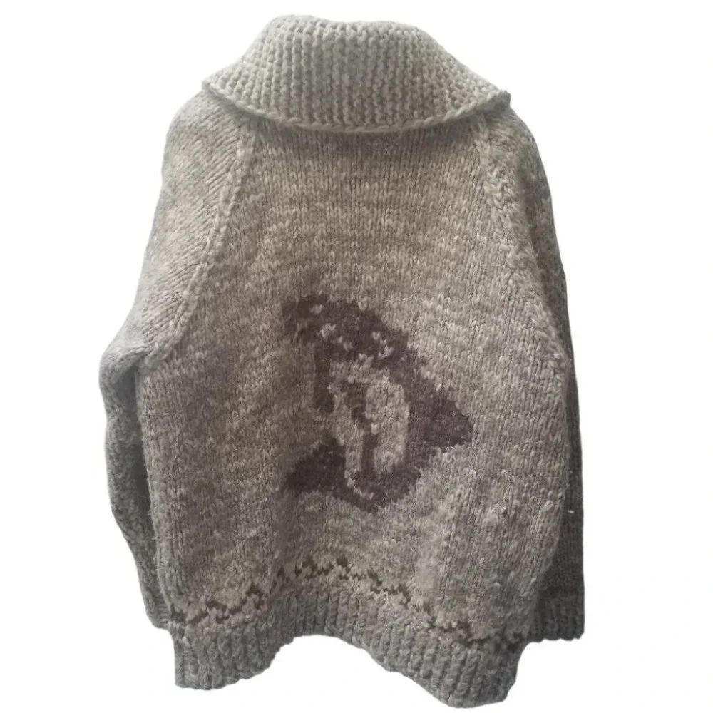 Cowichan Vintage Wool Whale Hand Knit Zip Up  Sweater Jacket